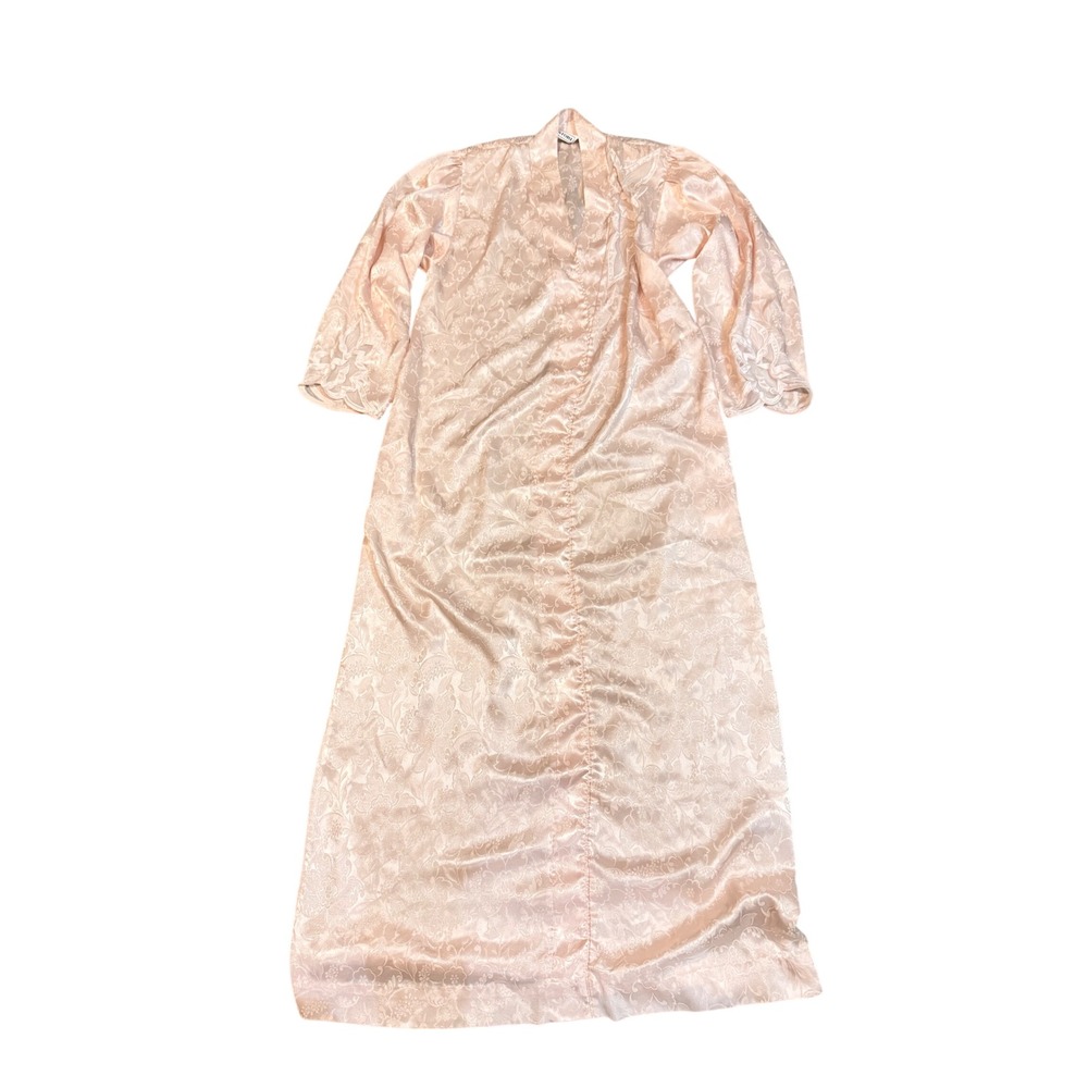 Vintage Natori Peach Pink Floral Satin Jacquard Maxi Robe Long Sleeve Small